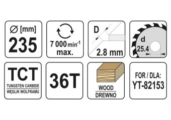 YATO Диск пиляльний победітовий по дереву YATO: 235x25.4x2.8x1.8 мм, 36 зубців R.P.M до 7000 1/хв  |