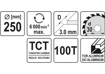 YATO Диск пиляльний по алюмінію YATO, 250х30х3.0x2.2 мм, 100 зубців, R.P.M до 6000 1/хв  | YT-6095