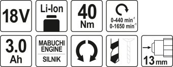 YATO Шуруповерт-дриль акумулят. Li-Ion- 2х18 В YATO: 3 Агод, крутн.мом.- 40Нм, патрон Ø≤13 мм в кейс