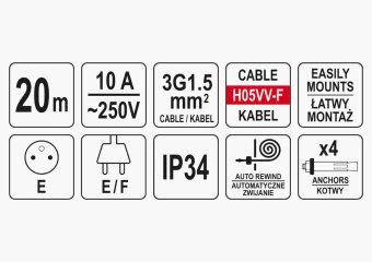 YATO Подовжувач мережевий YATO на котушці : L= 20 м, 3-жильний Ø=1.5 мм², макс. струм 10 А  | YT-812