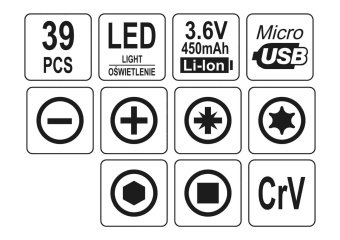 YATO Викрутка акумул. з набором біт YATO : Li-Ion 3.6В 450 мАгод, LED-підсвітка, HEX-1/4", CrV, 39шт
