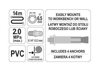 YATO Шланг пневматичний ПВХ на котушці YATO з швидкоз'єдн. наконеч-ми 1/4", Ø=6,5 мм, тиск- 20Bar, l