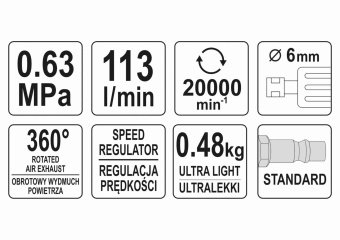 YATO Шліфмашина пневматична, кутова YATO зі шпинделем Ø= 6 мм, Ø= 1/4", 6.3 Bar, 113 л/хв  | YT-0967