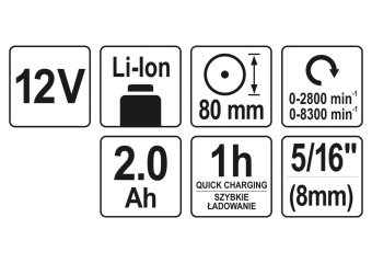 YATO Полірувальна машина акумуляторна YATO: Li-Ion 12В, 2 Агод, 2 режими, диск Ø= 80 мм, шпинд. Ø=8м