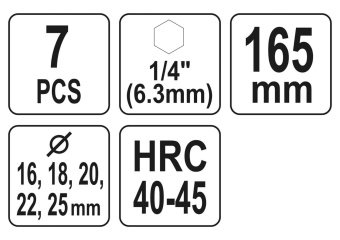 YATO Набір свердл по дереву YATO: Ø=16-25 мм, L=165мм, з 4 пругами, HEX-1/4" +подовжувач +ключ, 7 шт