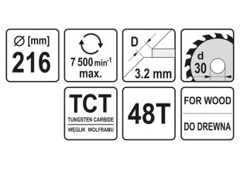 YATO Диск пиляльний победітовий по дереву YATO: 216х30х3.2х2.2 мм, 48 зубців, R.P.M до 7500 1/хв  | 