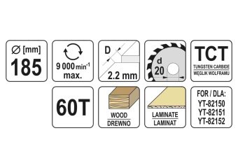 YATO Диск пиляльний победітовий по дереву YATO: 185x20x2.2x1.5 мм, 60 зубців, R.P.M до 9000 1/хв  | 