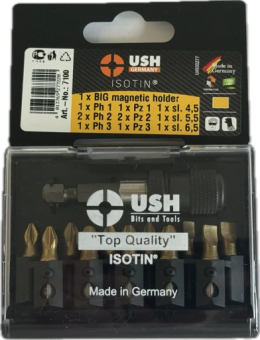 Набір насадок викруткових Isotin USH: 1/4", PH1, 2xPH2, PZ1, 2xPZ2, SL4.5- 6.5 магнітн тримач, 12ел.