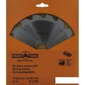 Диск пильный по дереву 190х2.6х1.6х30 мм, Z=16, форма зуба W (ATB), продольный рез PROFITOOL