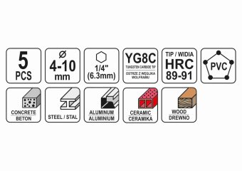 YATO Набір свердл універсальних YATO: YG6X, Ø= 4-10 мм, HEX-1/4", 5 шт  | YT-44789