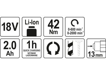 YATO Шуруповерт-дриль безщітков. акумул. Li-Ion YATO: U= 18В, крутн.мом.- 42 Нм, 2АГод, патрон Ø≤13м