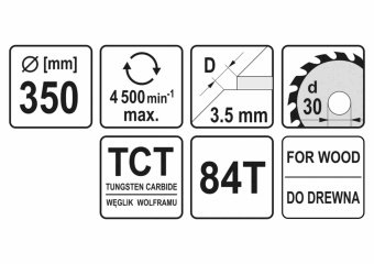 YATO Диск пиляльний победітовий по дереву YATO: 350х30х3.5х2.5 мм, 84 зубці, R.P.M до 4500 1/хв  | Y