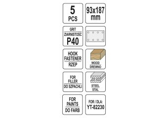 YATO Папір шліфувальний з липучкою YATO: 93 х 187 мм, Р40, до YT-82230, 5 шт  | YT-83800