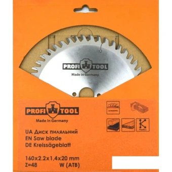 Диск пильный по дереву 160х2.2х1.4х20 мм, Z=48, зуб W (ATB), продольный+поперечный рез PROFITOOL