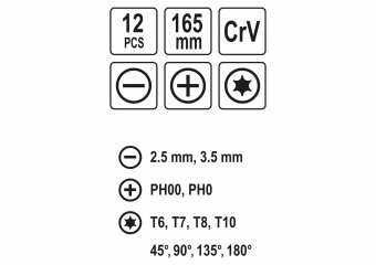 Набір викруток і гачків прецизійних VOREL : L= 165 мм, SL, PH, TORX, Cr-V, 12 шт [10/40]
