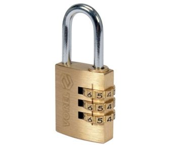 VOREL Замок навісний з кодовим замиканням : латунний корпус- 25х 10,2х30,4 мм, стал дуга- 22х12х 4 м