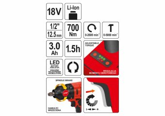YATO Гайковерт ударний акумуляторний безщітковий YATO: квадрат-1/2", 700 Нм, Li-Ion 18В, 3 Агод +кей