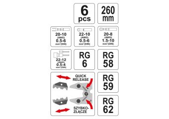 YATO Кліщі для обтискання і зачистки проводів YATO, L=260 мм зі змінними вставками кпл. 6 шт.  | YT-
