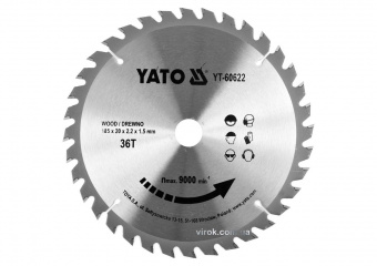 YATO Диск пиляльний победітовий по дереву YATO: 185x20x2.2x1.5 мм, 36 зубців, R.P.M до 9500 1/хв  | 