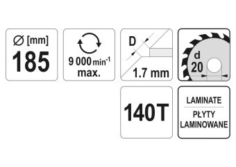 YATO Диск пиляльний по ламінованих плитах, ламінату YATO: Ø=185x1.7x20 мм, 140 зубців, R.P.M до 9000