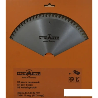 Диск пильный по алюминию 260х2.6х1.8х30 мм, Z=80, форма зуба TFneg, поперечный рез PROFITOOL