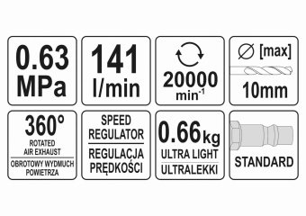 YATO Дриль пневматичний прямий YATO : Ø= 1/4", самозатискний патрон Ø≤10 мм, 6.3 Bar, 113 л/хв  | YT