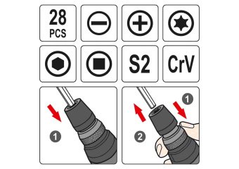 YATO Викрутка реверсивна з набором біт YATO : HEX-1/4", CrV, 28 шт + чохол  | YT-27940