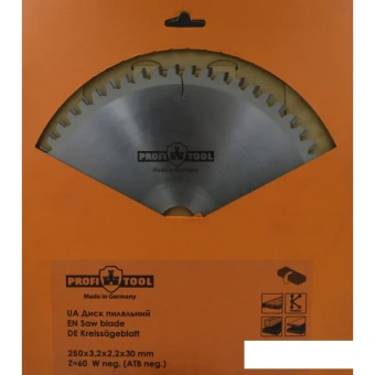 Диск пильный по дереву 250х3.2х2.2х30 мм, Z=60, форма зуба Wneg (ATBneg), поперечный рез PROFITOOL