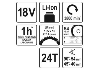 YATO Пила дискова ручна акумуляторна YATO : Li-Ion 18 В, для диска Ø=165/16 мм,24 зуби, (БЕЗ АКУМУЛЯ
