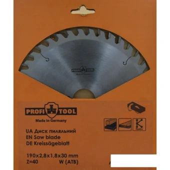 Диск пильный по дереву 190х2.8х1.8х30 мм, Z=40, форма зуба W (ATB), продольный рез PROFITOOL
