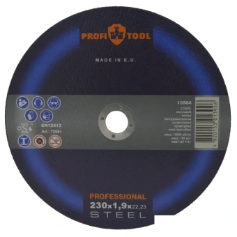 Круг отрезной по металлу PROFITOOL PROFESSIONAL 230х1,9х22,2 мм, A46T-BF, F41, 6650 об/мин (72061)