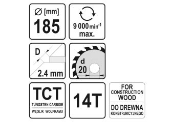 YATO Диск пиляльний по дереву з цвяхами YATO: Ø= 185х2.4x20 мм, 14 зубців, R.P.M до 9000 1/хв  | YT-