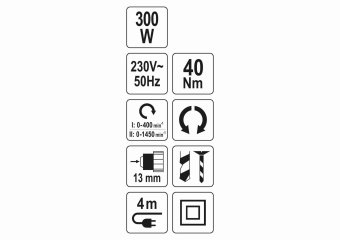 YATO Дриль-шуруповерт мережевий YATO: 300 Вт, 40 Нм, 1450 об/хв, патрон Ø≤13 мм, кабель- 4 м  | YT-8