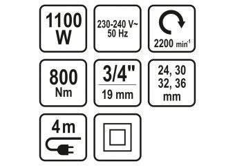 STHOR Гайковерт ударний мережевий до квадр. 3/4", P=1100Вт, F=800 Nm, торц: 24, 30, 32, 36 мм  | 570