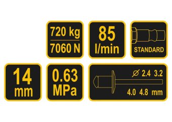 VOREL Заклепочник пневматичний для нітів Ø= 2.4-4.8 мм, сила- 720 кг, тиск- 0.63 МПа, 85 л/хв  | 702