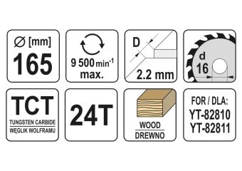 YATO Диск пиляльний победітовий по дереву YATO: 165x16x2.2x1.5 мм, 24 зубці, R.P.M до 9500 1/хв  | Y