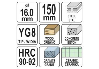 YATO Свердло універсальне YATO : YG8, HRC 90-92, Ø= 16 мм, l= 150 мм  | YT-43949