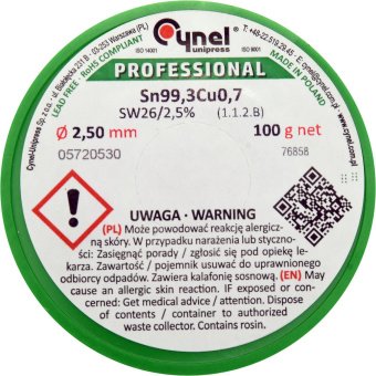 VOREL Припій без свинцю CYNEL : Ø2,5 мм, Sn99,3-Cu0,7 дротяний на котушці з флюсом m= 100 г  | 76858