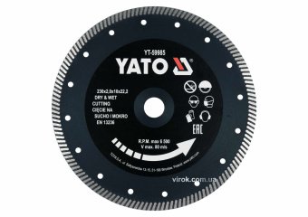 YATO Диск відрізний алмазний по гресу, кераміці "TURBO" YATO Ø=230x2x10x22.2 мм,в мокр.і сух. режимі
