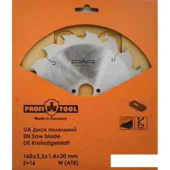 Диск пильный по дереву 160х2.2х1.4х20 мм, Z=16, форма зуба W (ATB), продольный рез PROFITOOL