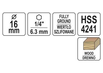 YATO Свердло по дереву YATO : Ø16 x 100/60 мм, хвостовик- HEX 1/4", HSS 4241  | YT-33870