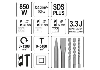 YATO Перфоратор мережевий SDS+ YATO : з змінним патроном P= 850 Вт, J= 3,3 Дж. Ø≤ 30 мм в футлярі  |