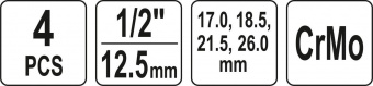 YATO Торцеві головки ударні для зриву гвинтів YATO: квадрат-1/2", L= 55 мм; М17, 18.5, 21.5, 26 мм, 