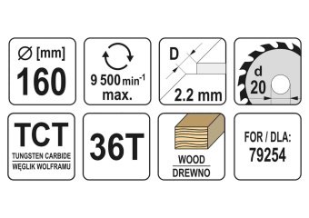 YATO Диск пиляльний победітовий по дереву YATO: 160x20x2.2x1.5 мм, 36 зубців, R.P.M до 9500 1/хв  | 
