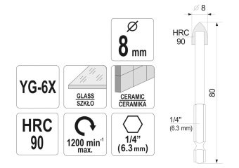 Свердло по склу і кераміці STHOR : YG6X, HEX-1/4", Ø= 8 x 80 мм [125]