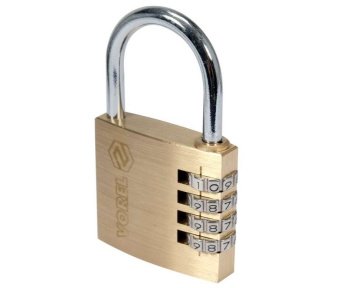 VOREL Замок навісний з кодовим замиканням : латунний корпус- 50х 13.9х46 мм, сталев дуга- 34х32х 6 м