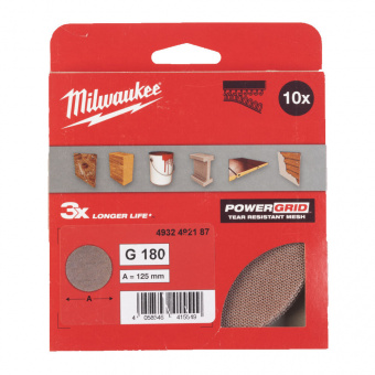 MILWAUKEE Сітка шліфувальна PG Mesh HL, Ø125мм, зерно 180, (10шт) | 4932492187