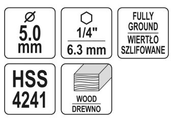YATO Свердло по дереву YATO : Ø5 x 85/50 мм, хвостовик- HEX 1/4", HSS 4241  | YT-33862