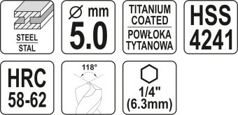 YATO Свердло фрезерувальне по металу YATO : HSS-TIN, Ø= 5 мм, l= 81 мм, HEX - 1/4"  | YT-44822