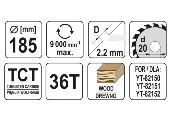 YATO Диск пиляльний победітовий по дереву YATO: 185x20x2.2x1.5 мм, 36 зубців, R.P.M до 9500 1/хв  | 
